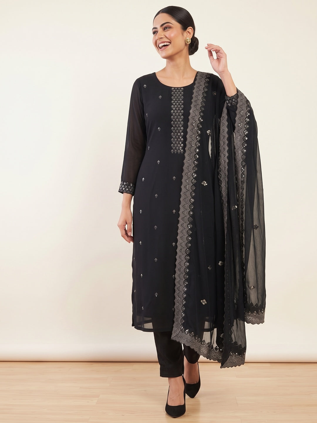 Black Floral Sequins Embroidered Georgette Dress Material - Image 4