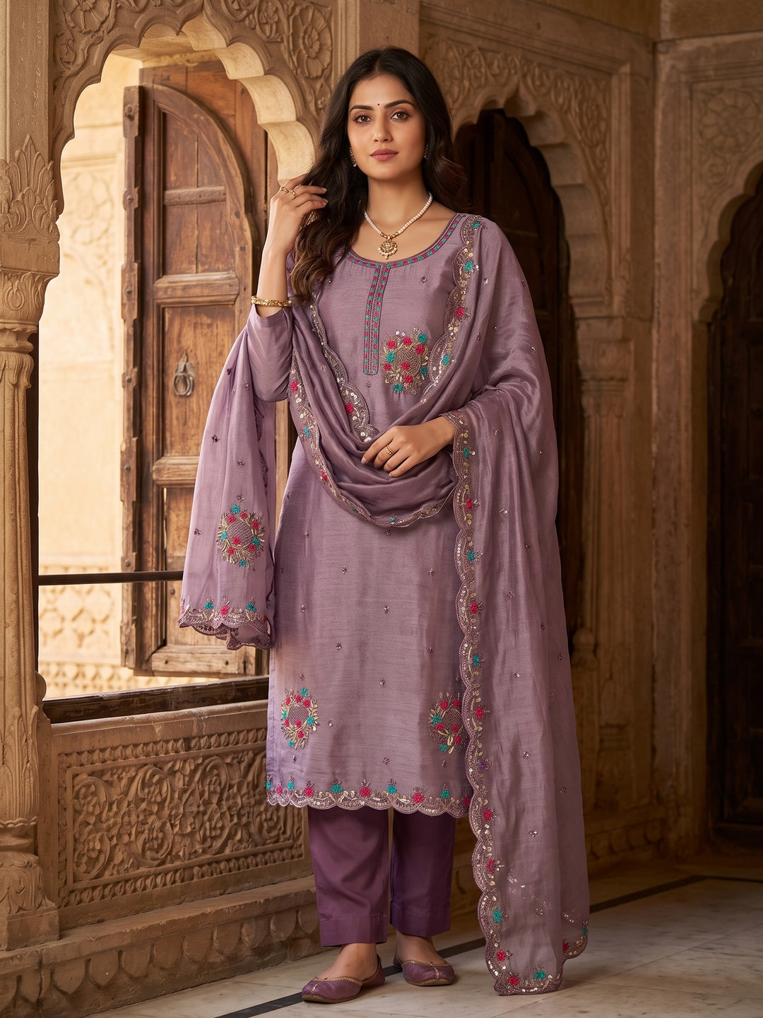 Graceful Lavender Silk Blend Dress Material Featuring Exquisite Floral Embroidery & Sequins Accents - Image 1
