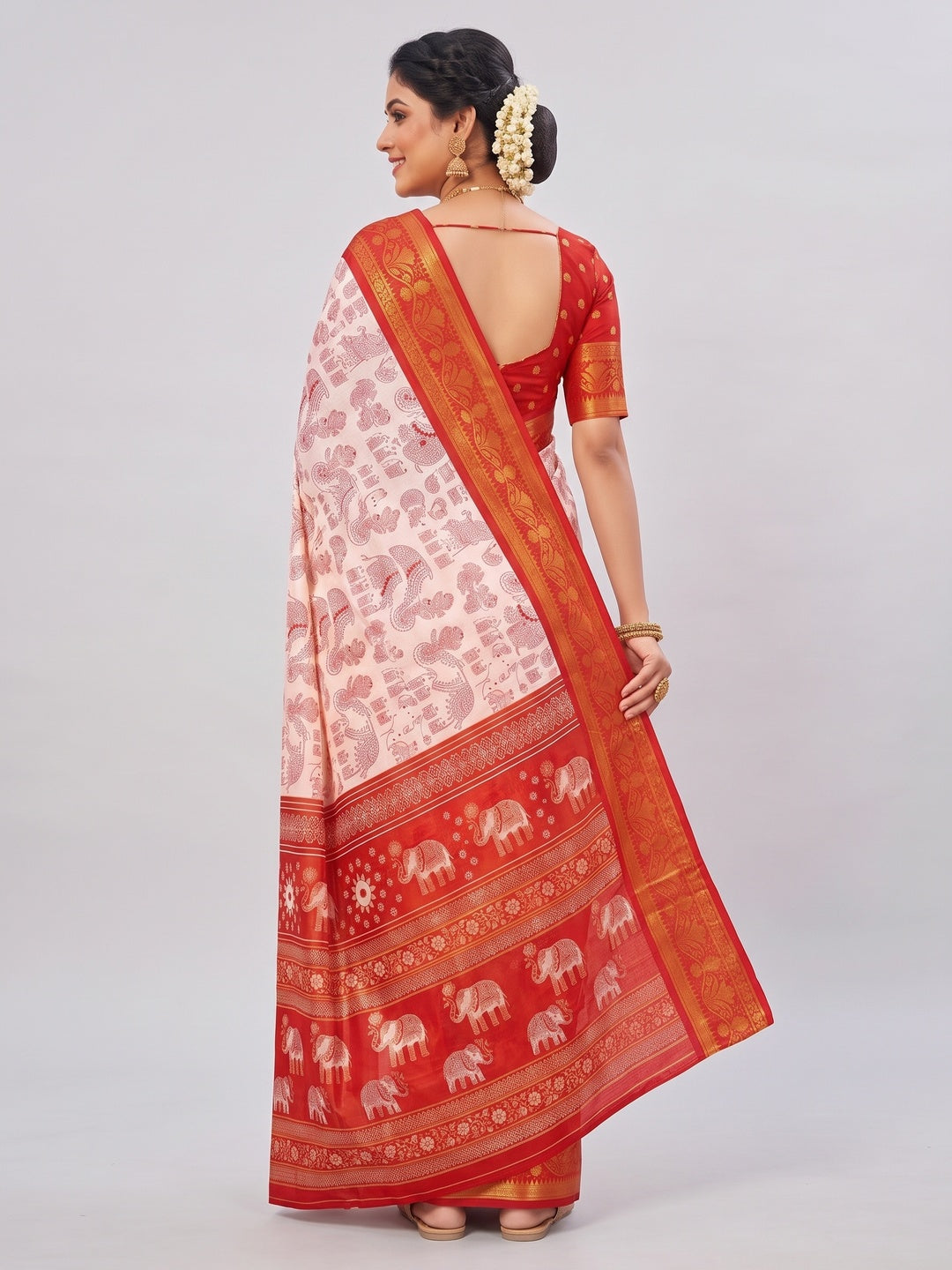 White Dola Silk Saree with Red Border Lightweight Festive Outfit - Image 2