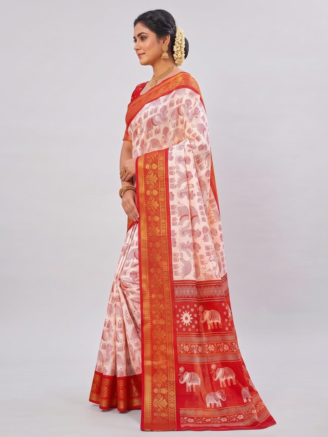 White Dola Silk Saree with Red Border Lightweight Festive Outfit - Image 3