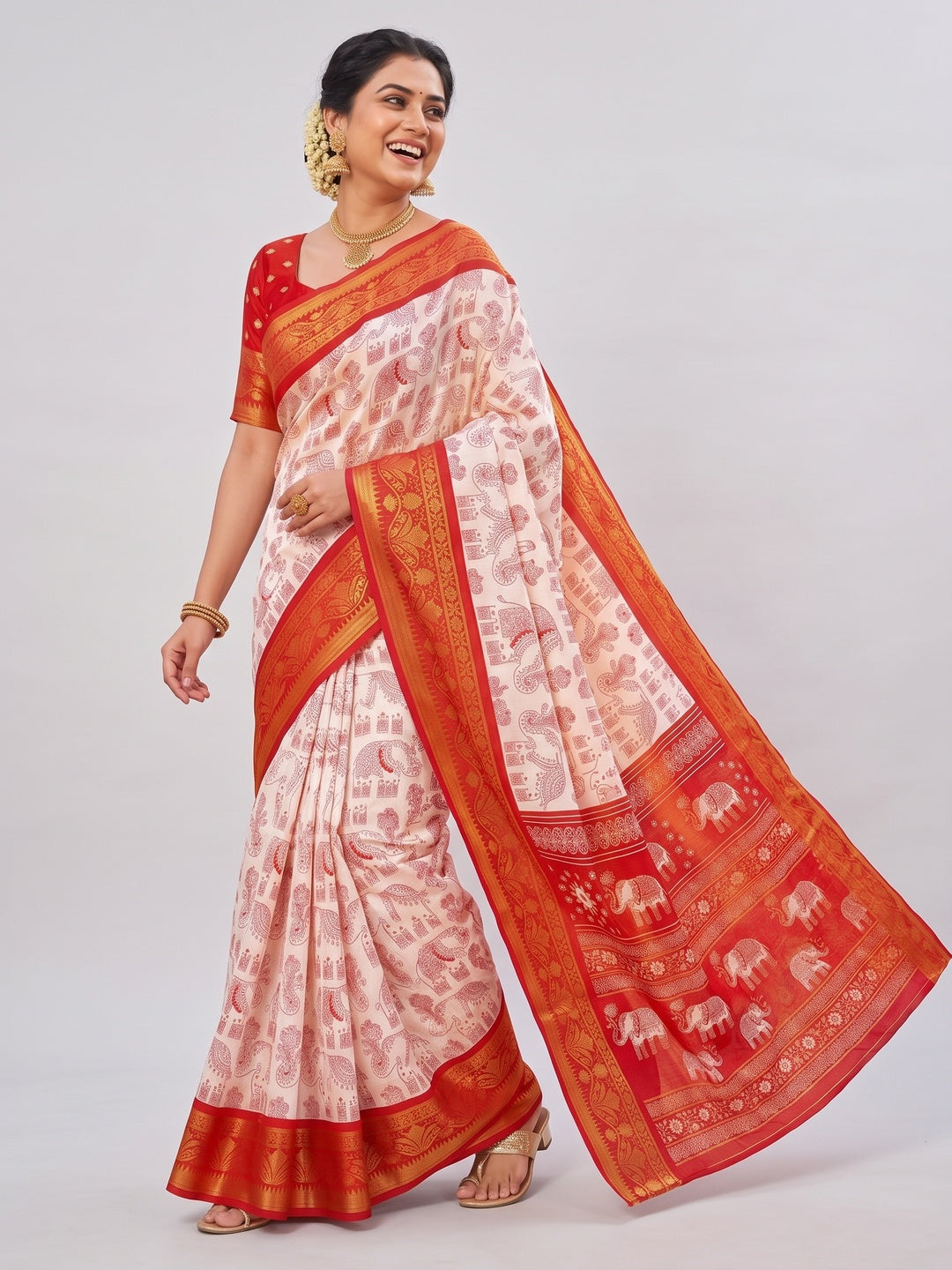 White Dola Silk Saree with Red Border Lightweight Festive Outfit - Image 4