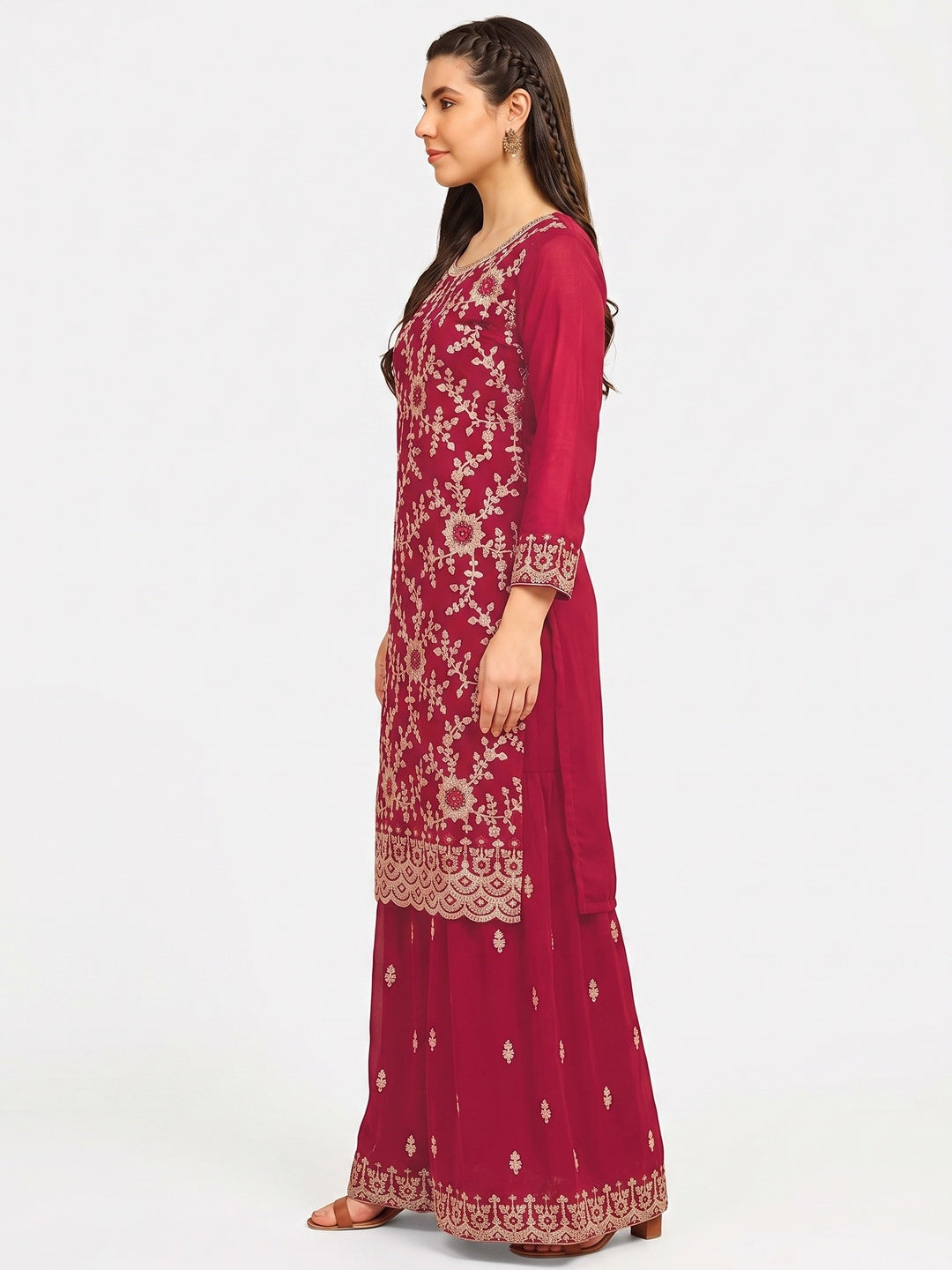 Pink Floral Embroidered Georgette Semi Stitched Suit - Image 2