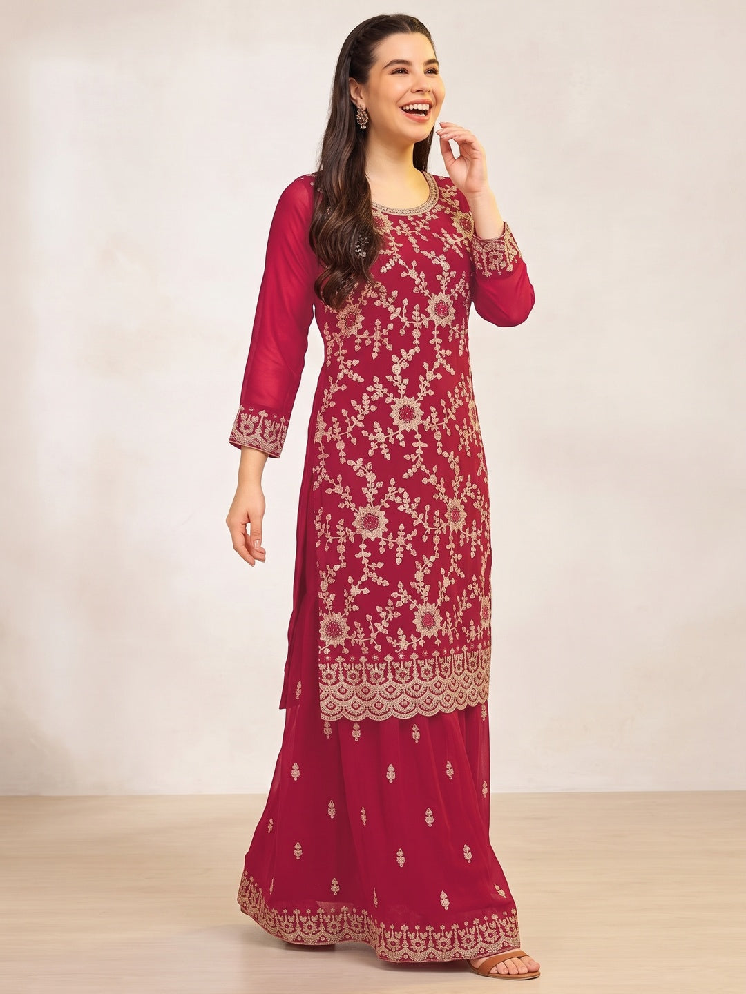 Pink Floral Embroidered Georgette Semi Stitched Suit - Image 3