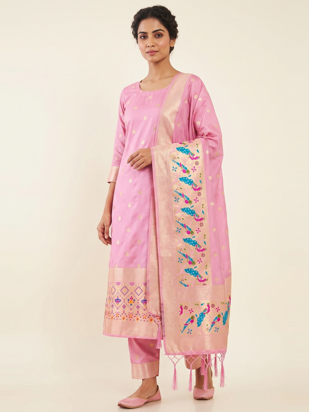 Baby Pink Floral Zari Woven Banarasi Silk Dress Material - Image 1