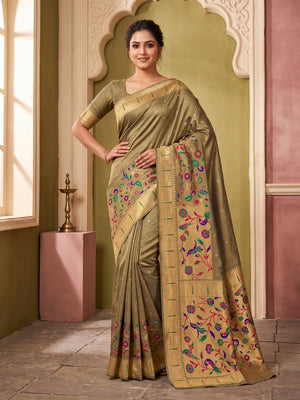 Peachmode Olive Bamboo Tissue Silk Paithani Saree - Image 1