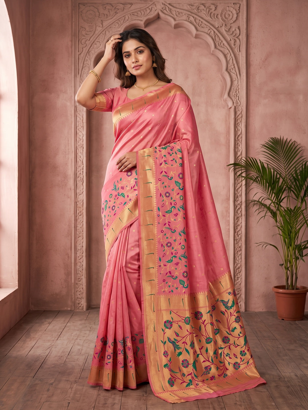 Peachmode Pink Bamboo Tissue Silk Paithani Saree - Image 1