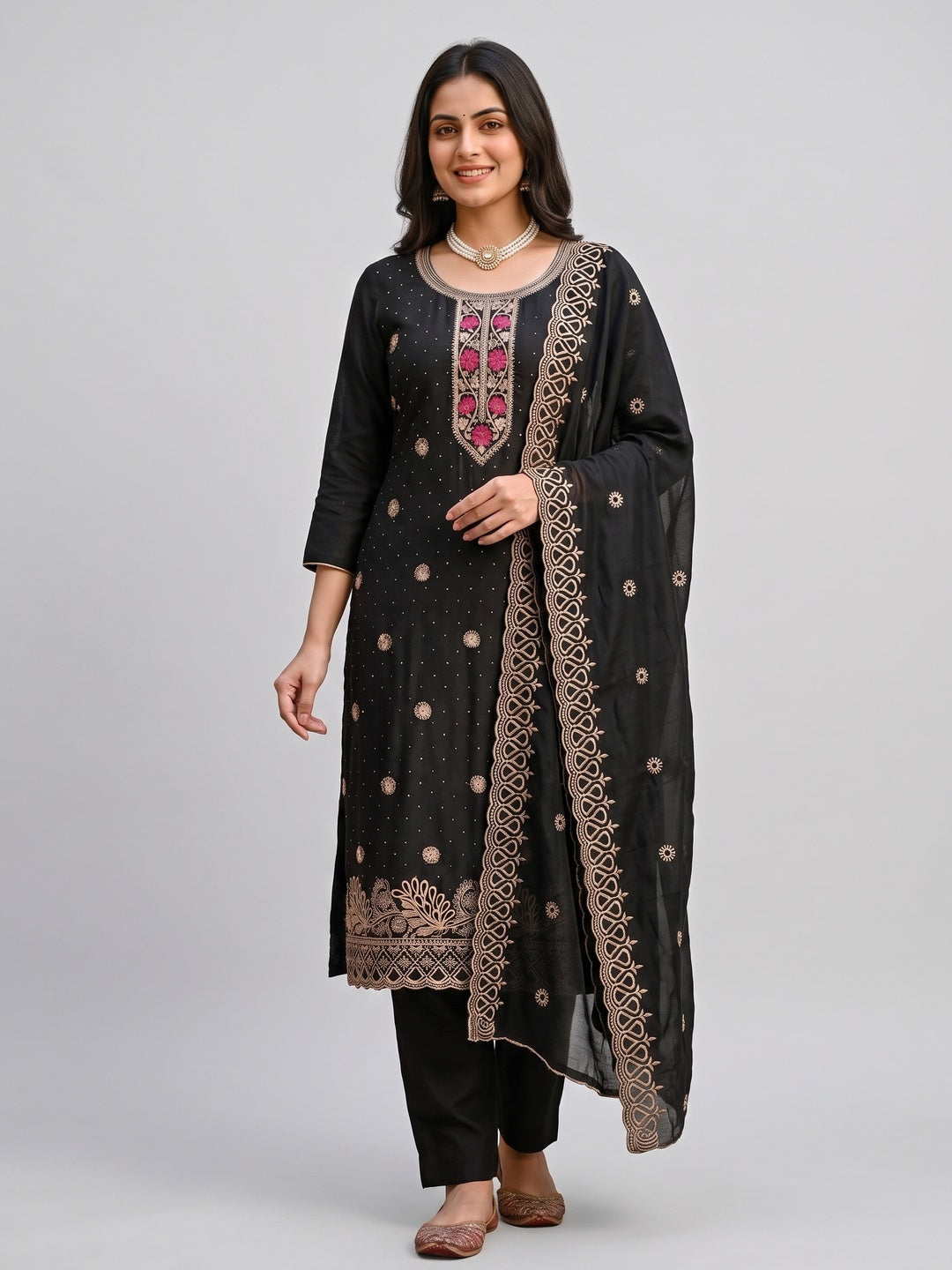 Charming Black Floral Embroidery With Sparkling Diamond Work Vichitra Silk Dress Material - Image 2