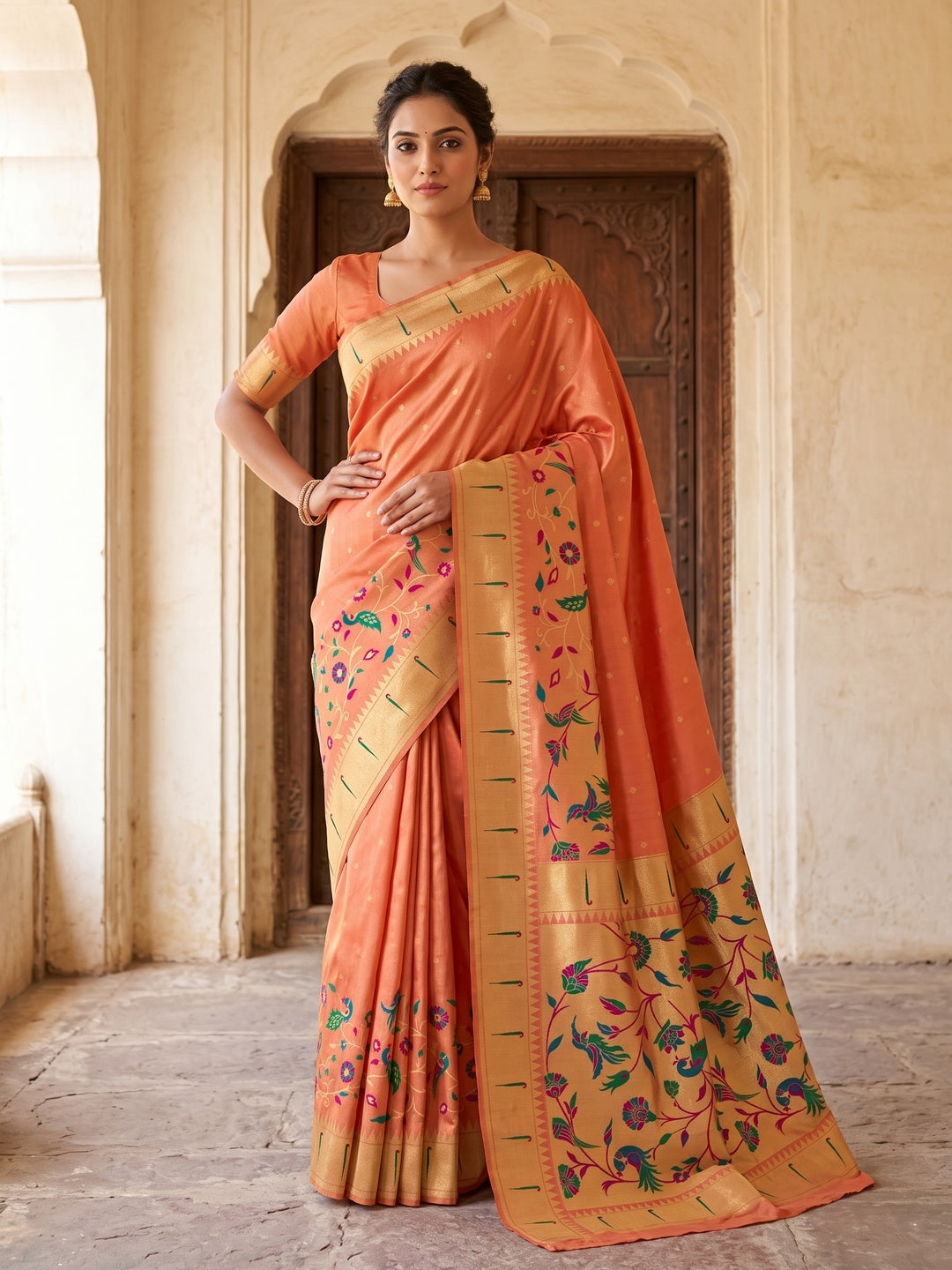 Peachmode Orange Bamboo Tissue Silk Paithani Saree - Image 1