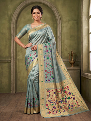Peachmode Teal Bamboo Tissue Silk Paithani Saree - Image 1
