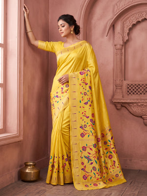 Peachmode Yellow Bamboo Tissue Silk Paithani Saree - Image 1