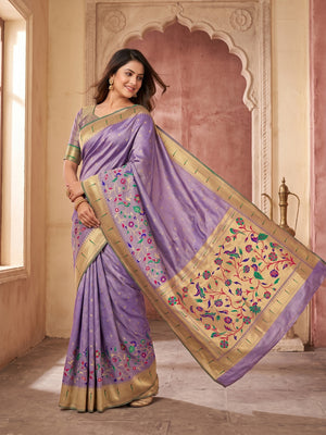 Peachmode Lavender Bamboo Tissue Silk Paithani Saree - Image 1
