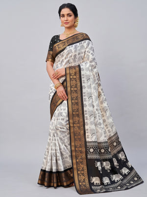 White Dola Silk Saree with Black Border Lightweight Festive Outfit - Image 1