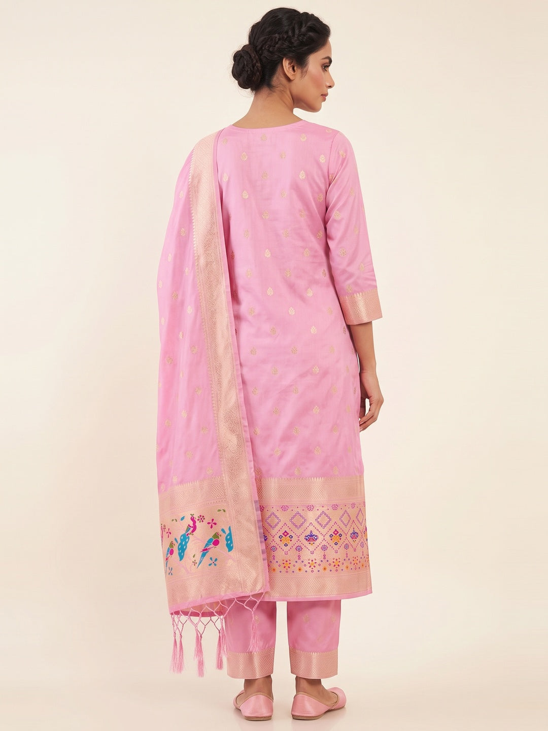 Baby Pink Floral Zari Woven Banarasi Silk Dress Material - Image 2