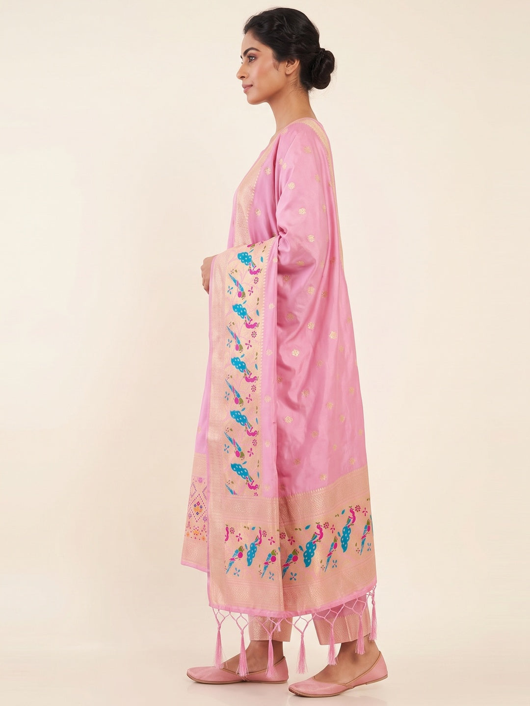 Baby Pink Floral Zari Woven Banarasi Silk Dress Material - Image 3