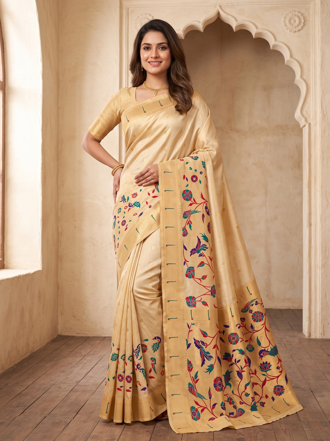 Peachmode Cream Bamboo Tissue Silk Paithani Saree - Image 1