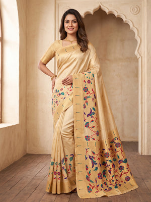 Peachmode Cream Bamboo Tissue Silk Paithani Saree - Image 1