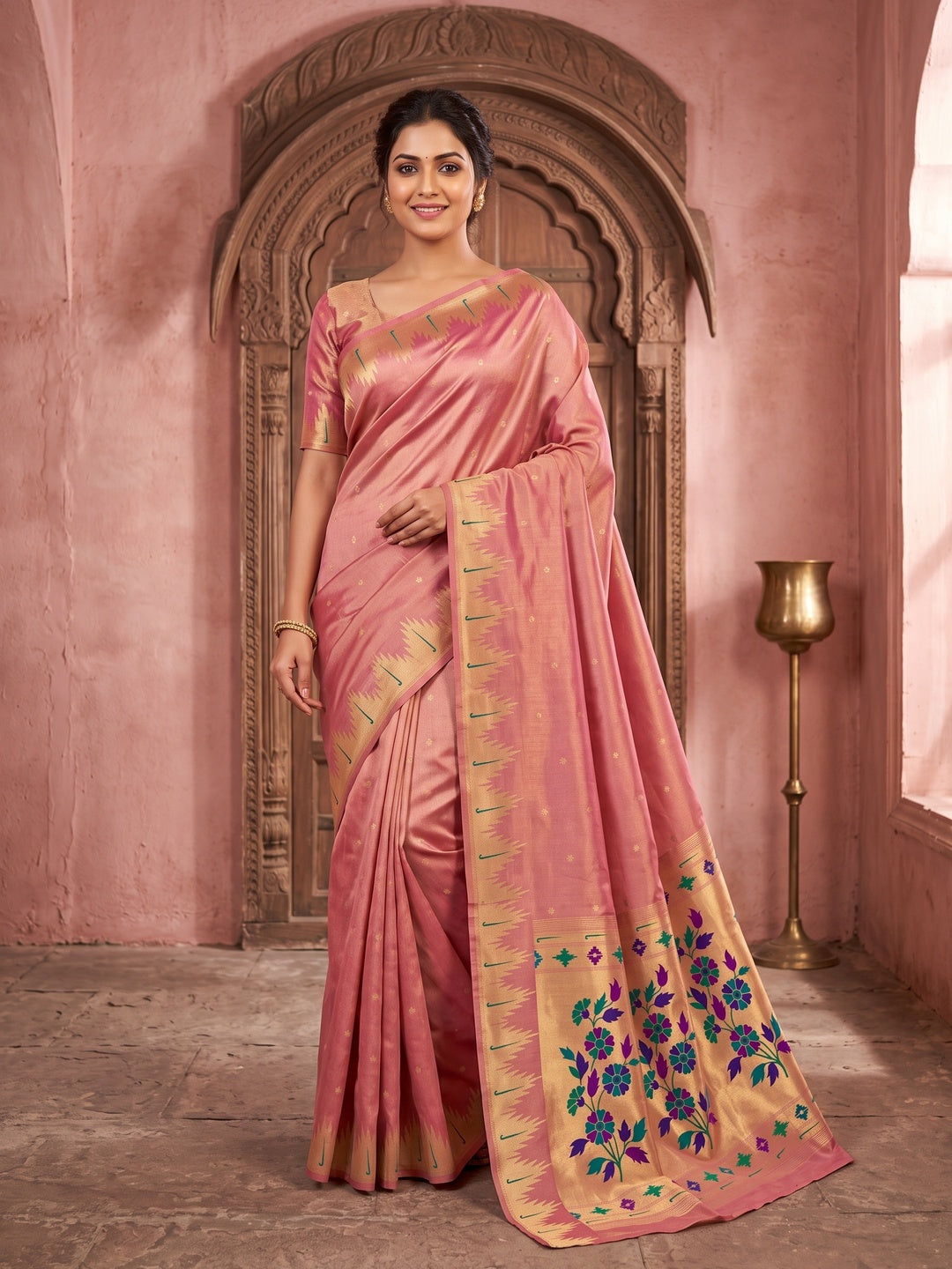 Peachmode Peach Bamboo Tissue Silk Paithani Saree - Image 1