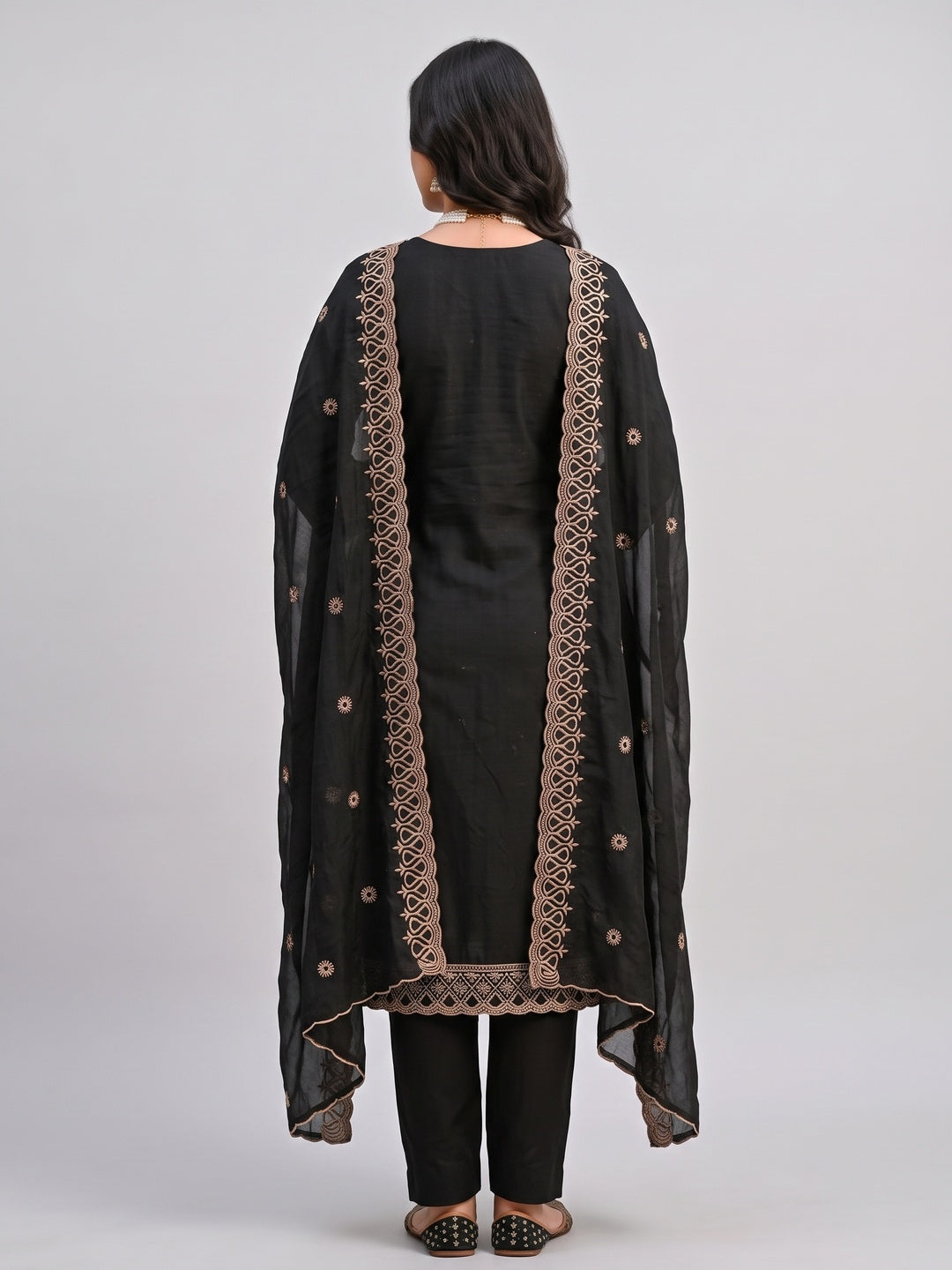 Charming Black Floral Embroidery With Sparkling Diamond Work Vichitra Silk Dress Material - Image 3