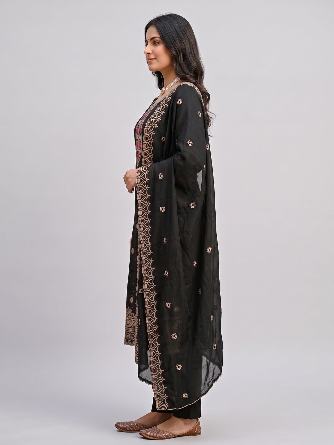 Charming Black Floral Embroidery With Sparkling Diamond Work Vichitra Silk Dress Material - Image 4