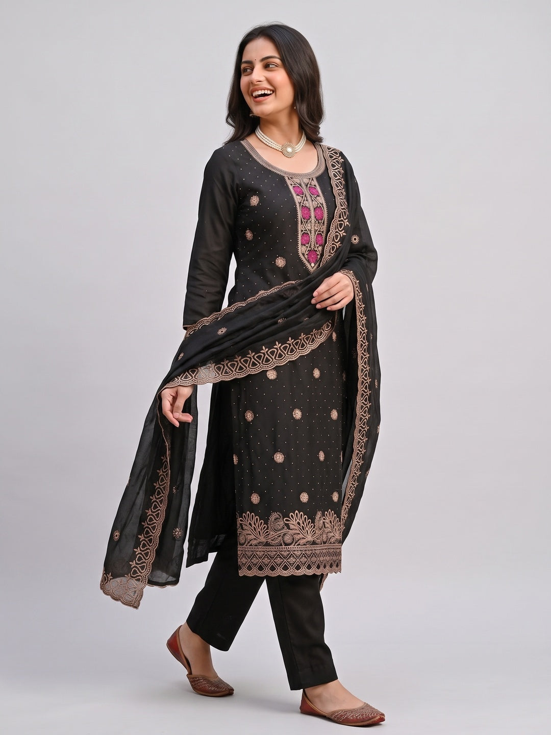 Charming Black Floral Embroidery With Sparkling Diamond Work Vichitra Silk Dress Material - Image 5