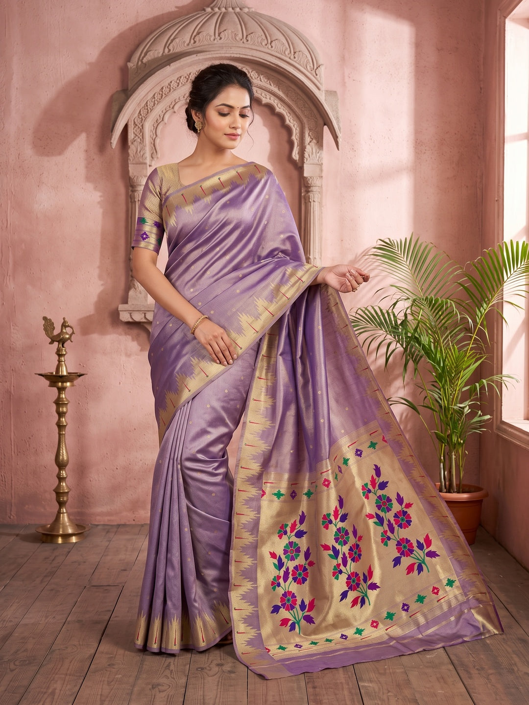 Peachmode Lavender Bamboo Tissue Silk Paithani Saree - Image 1