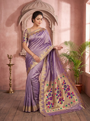 Peachmode Lavender Bamboo Tissue Silk Paithani Saree - Image 1