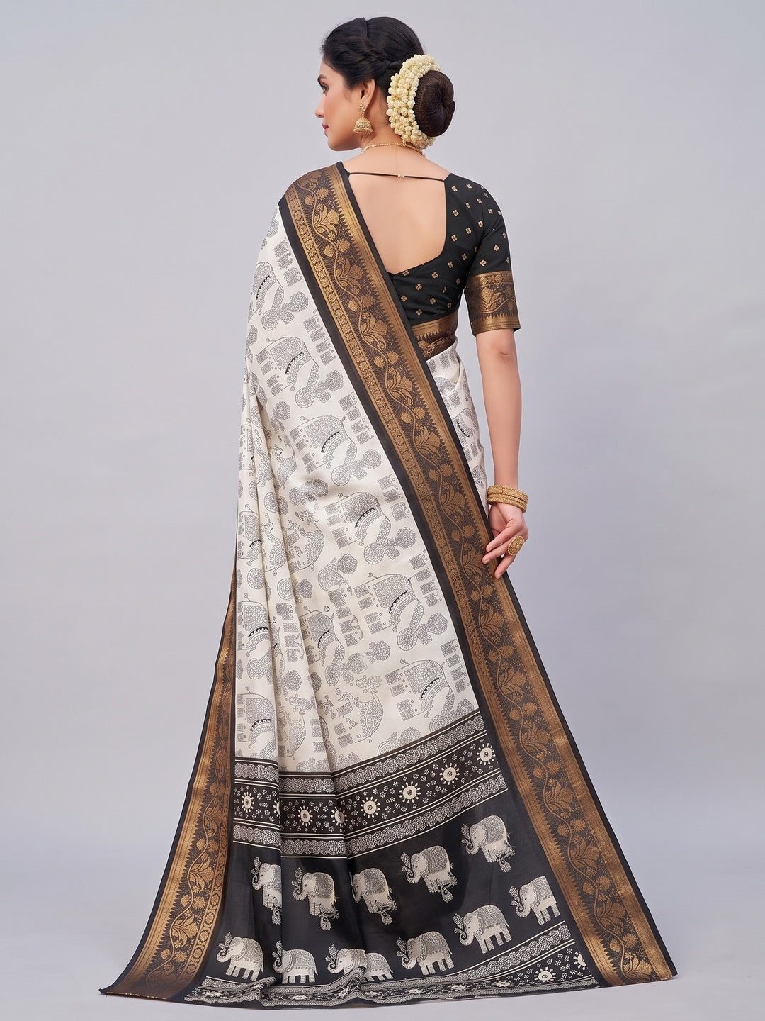 White Dola Silk Saree with Black Border Lightweight Festive Outfit - Image 2