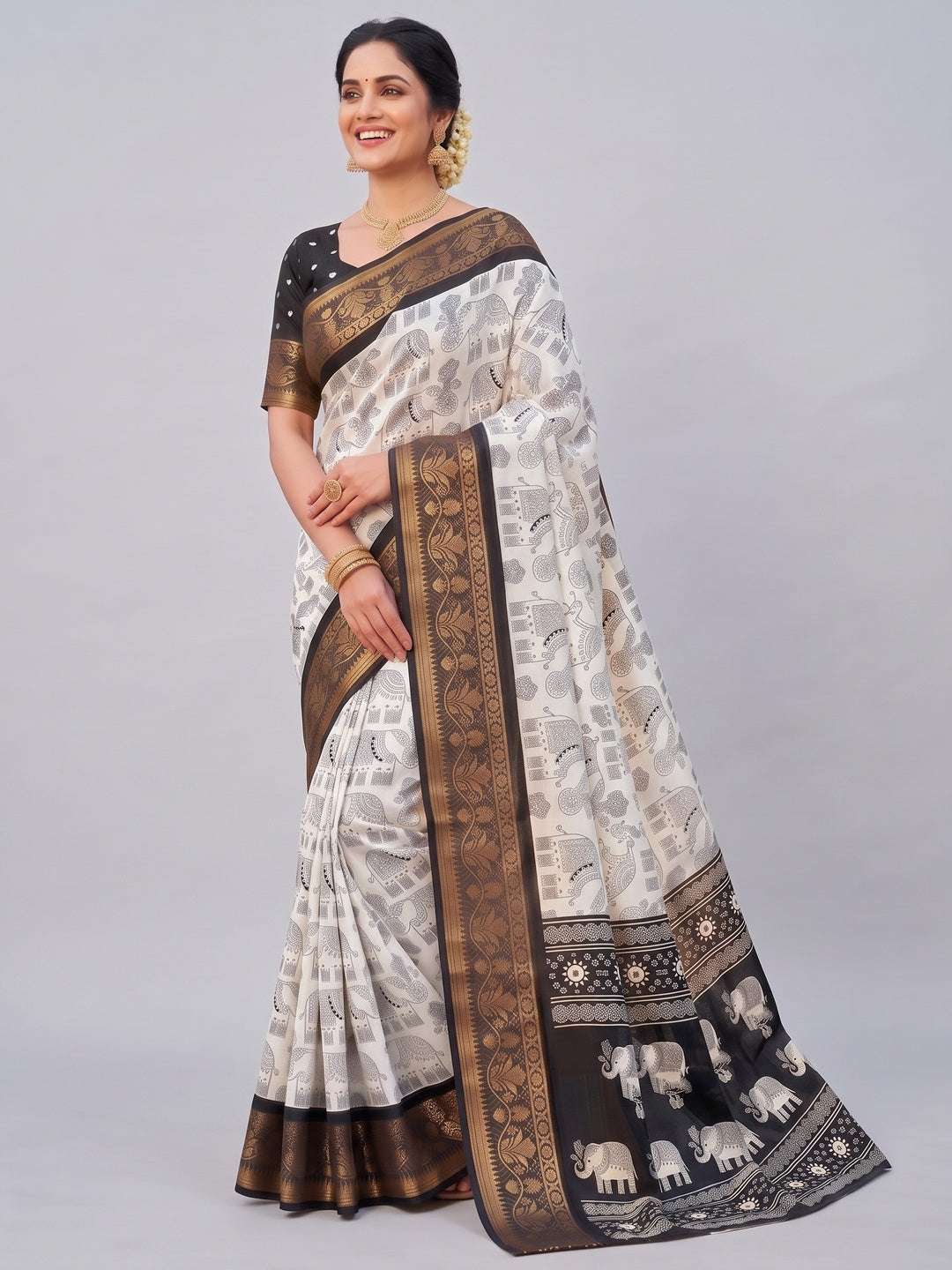 White Dola Silk Saree with Black Border Lightweight Festive Outfit - Image 4