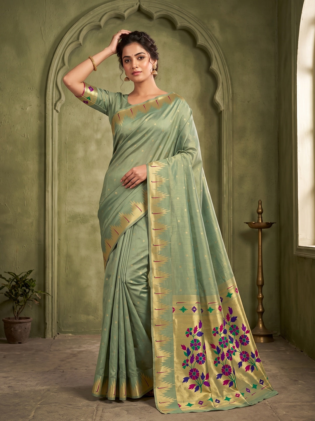 Peachmode Green Bamboo Tissue Silk Paithani Saree - Image 1