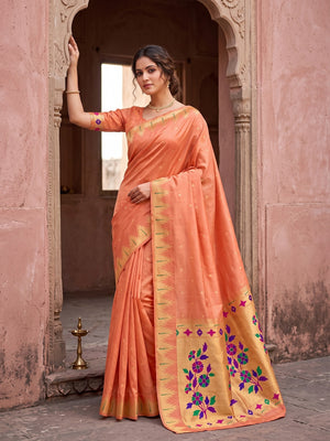 Peachmode Orange Bamboo Tissue Silk Paithani Saree - Image 1