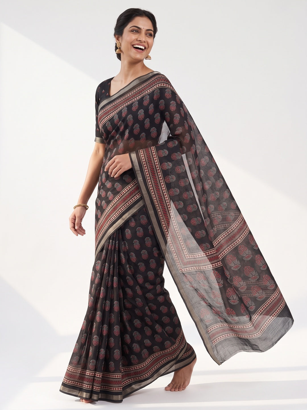 Black Floral Printed Cotton Blend Saree With Zari Weaving Border - Image 1
