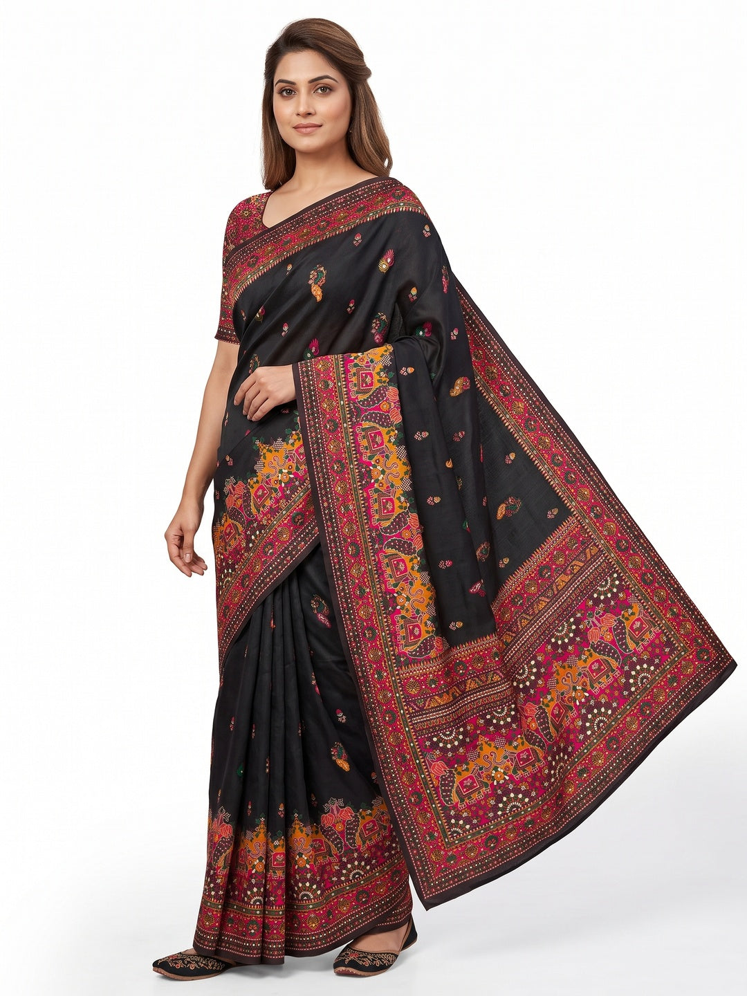 Black Pashmina Silk Weaving Saree Designed in Classic Rajwadi Style for Festive Wear - Image 1