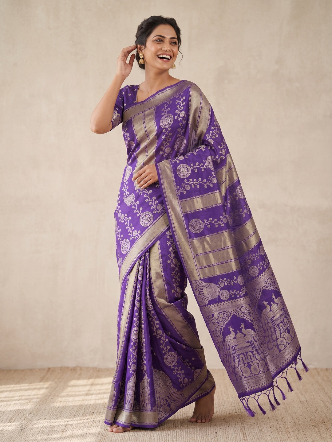 Violet Festive Wear Chinya Tissue Silk Saree Enhanced with Intricate Zari Weaving Detailing - Image 4