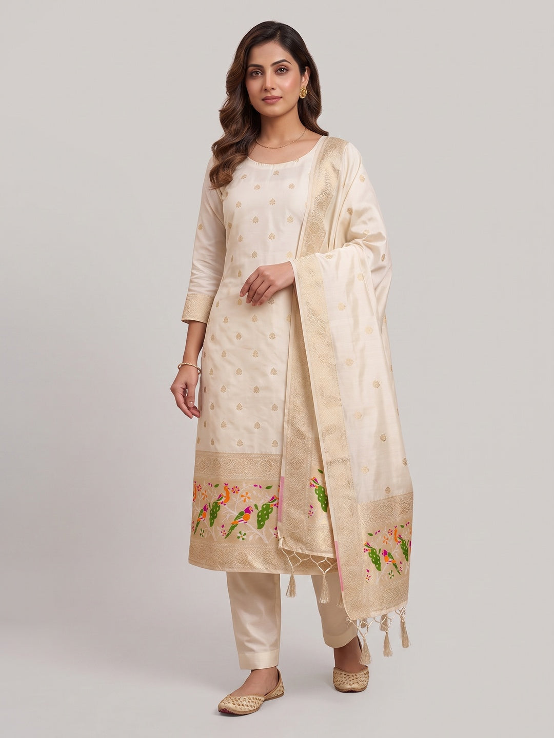 White Floral Zari Woven Banarasi Silk Dress Material - Image 1