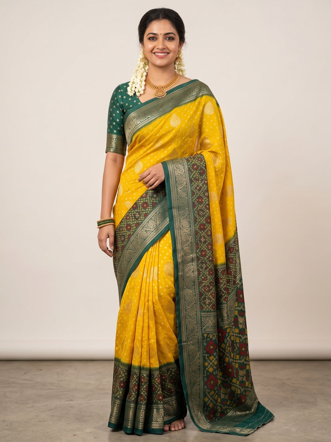Exclusive Yellow Georgette Bandhani Print Saree with Zari Work - Image 1