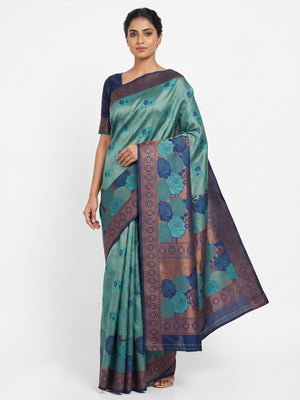 Teal Handloom Banarasi Silk Saree Enhanced with Artistic Floral Zari Weaving for Timeless Appeal - Image 1