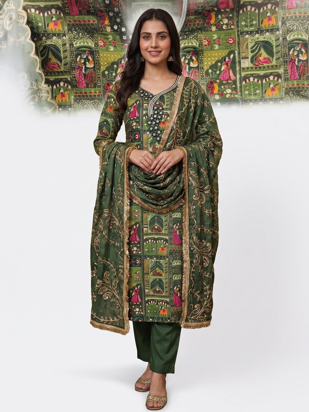 Refreshing Green Floral Embroidered Viscose Dress Material Featuring Intricate Sequins & Moti Work - Image 2