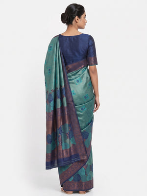 Teal Handloom Banarasi Silk Saree Enhanced with Artistic Floral Zari Weaving for Timeless Appeal - Image 2