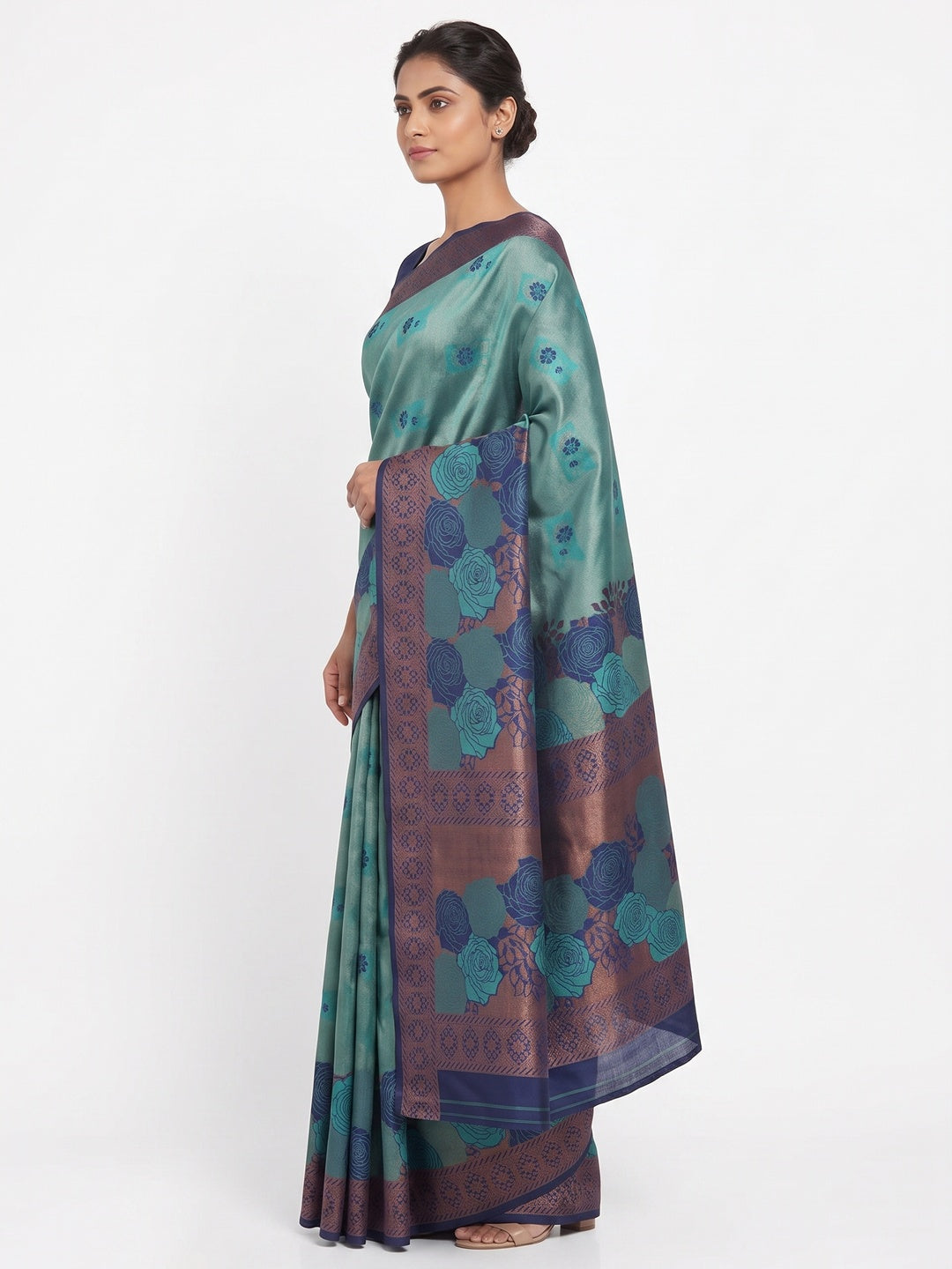 Teal Handloom Banarasi Silk Saree Enhanced with Artistic Floral Zari Weaving for Timeless Appeal - Image 3