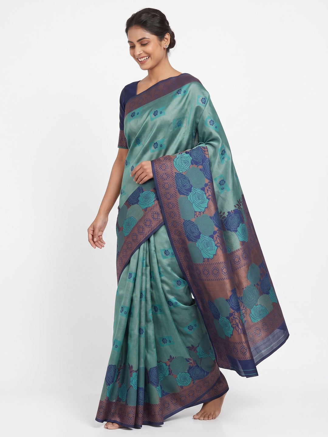 Teal Handloom Banarasi Silk Saree Enhanced with Artistic Floral Zari Weaving for Timeless Appeal - Image 4