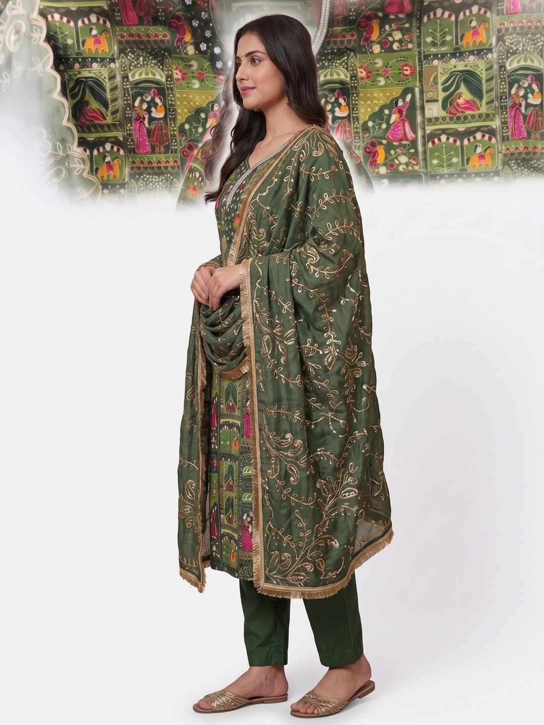Refreshing Green Floral Embroidered Viscose Dress Material Featuring Intricate Sequins & Moti Work - Image 3