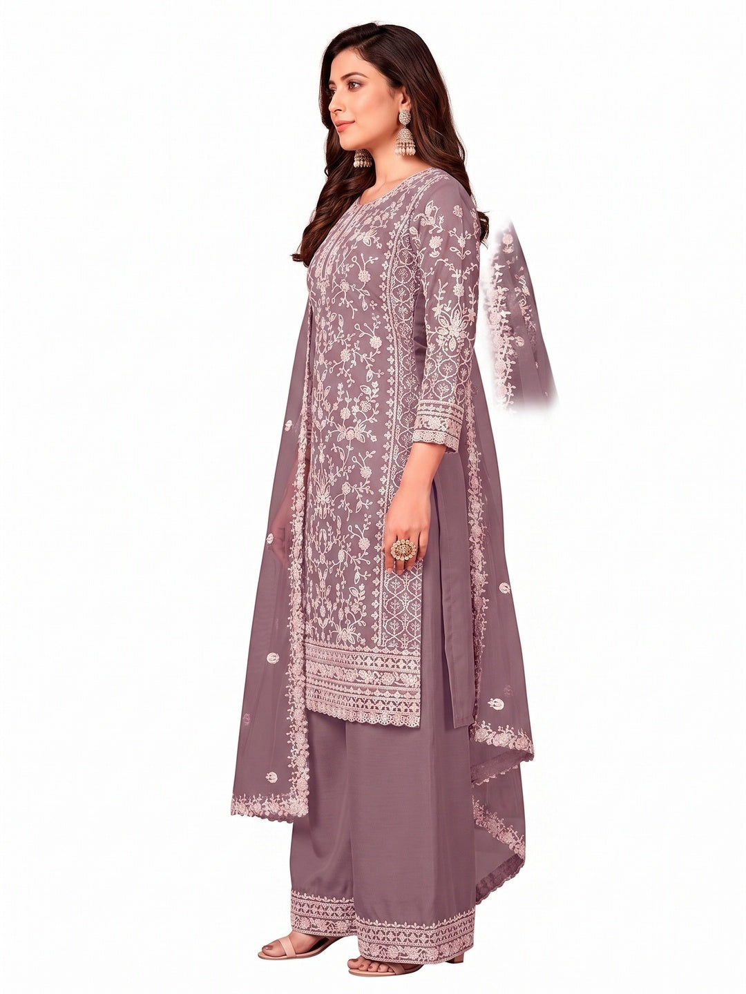 Purple Floral Embroidered Net Semi Stitched Suit - Image 2