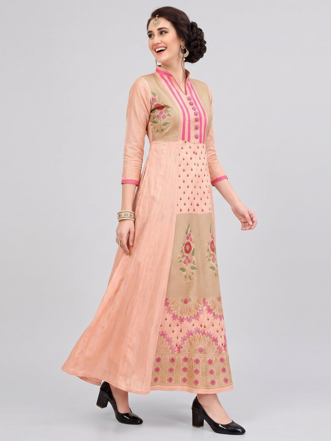 Peach Festive Wear Floral Embroidered Fancy Fabric Anarkali Suit - Image 4