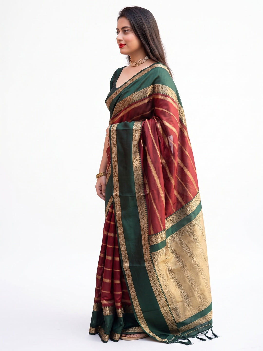 Maroon Woven Banarasi Silk Saree with Tassels - Image 3
