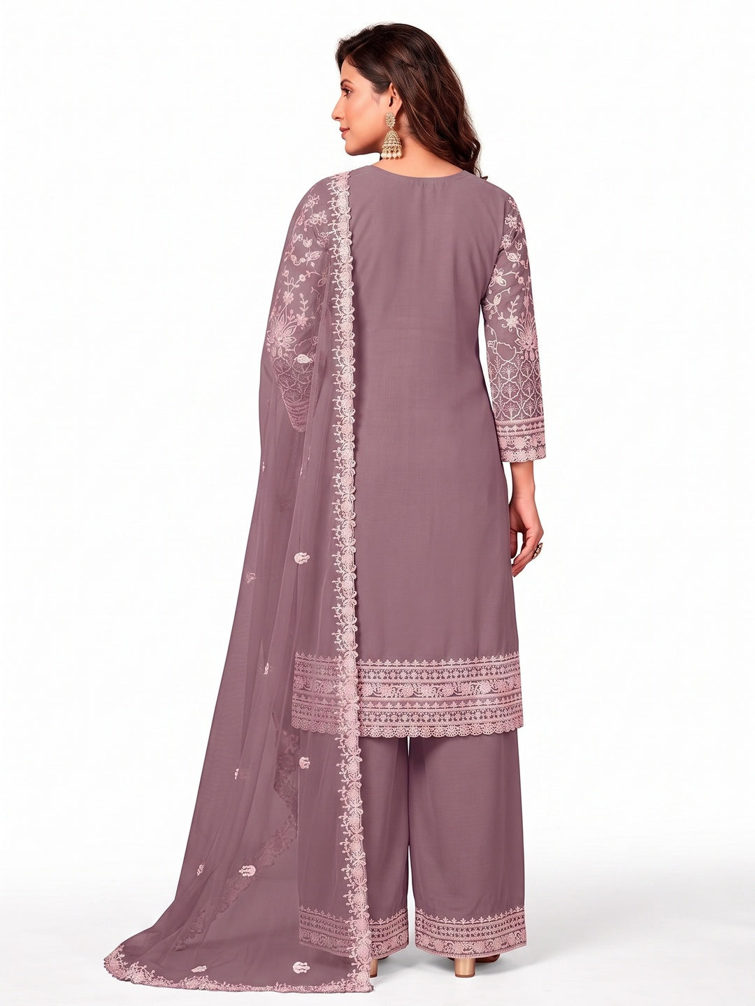 Purple Floral Embroidered Net Semi Stitched Suit - Image 1