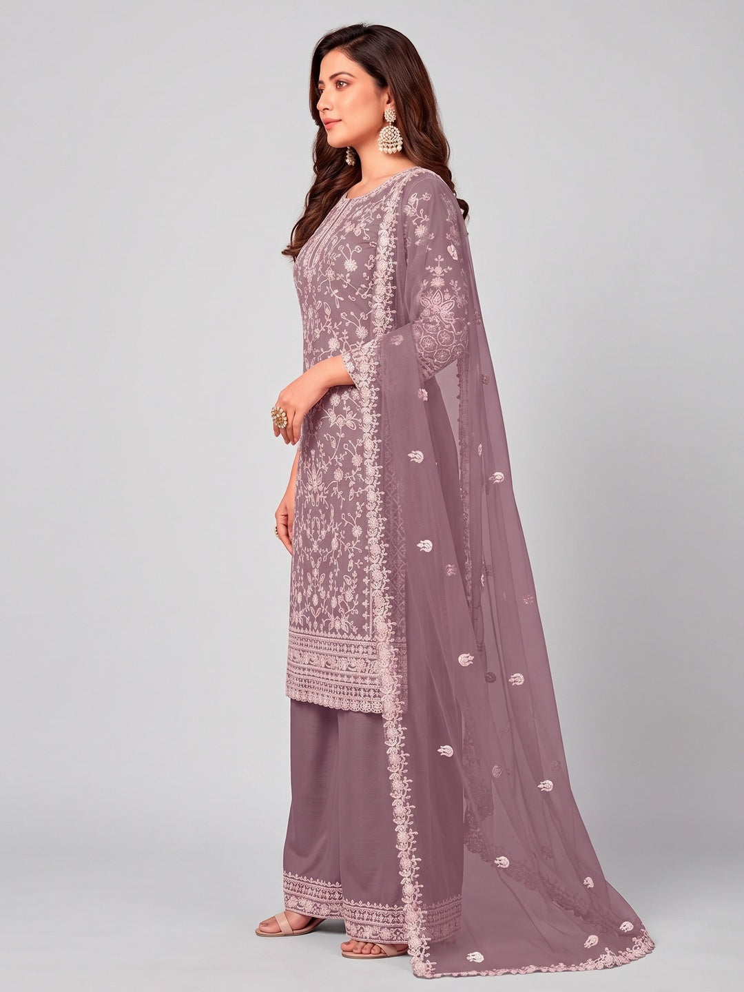 Purple Floral Embroidered Net Semi Stitched Suit - Image 2