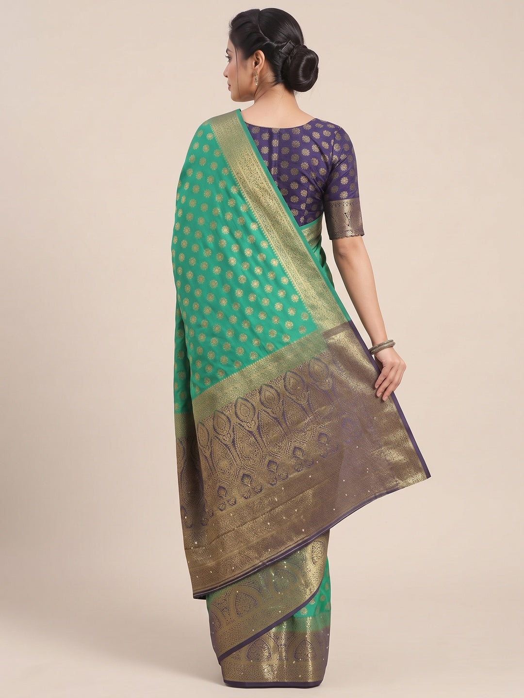 Green Woven With Stone Work Banarasi Silk Saree - Image 5