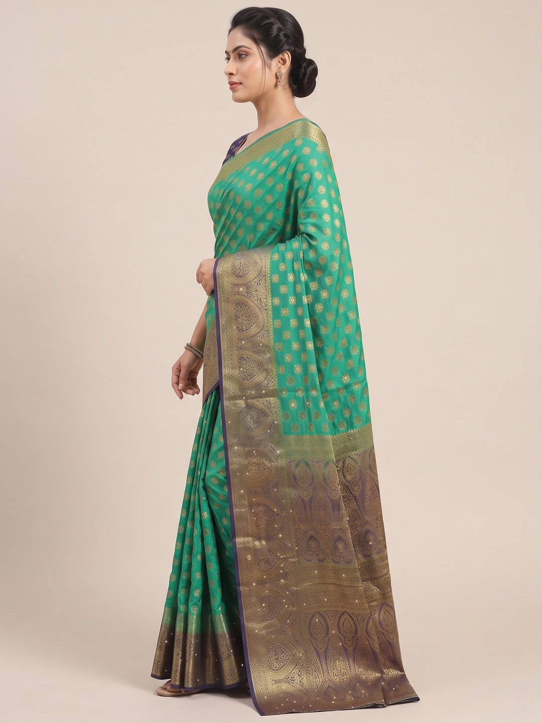 Green Woven With Stone Work Banarasi Silk Saree - Image 6
