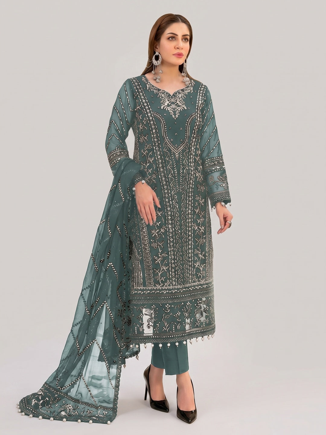 Green Floral Embroidered Georgette Semi Stitched Pakistani Suit - Image 1