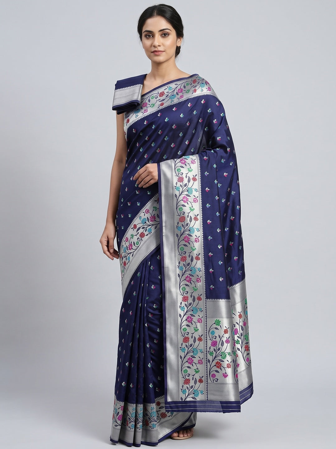 Festive Banarasi Silk Paithani Saree in Blue Enhanced with Zari Weaving - Image 1